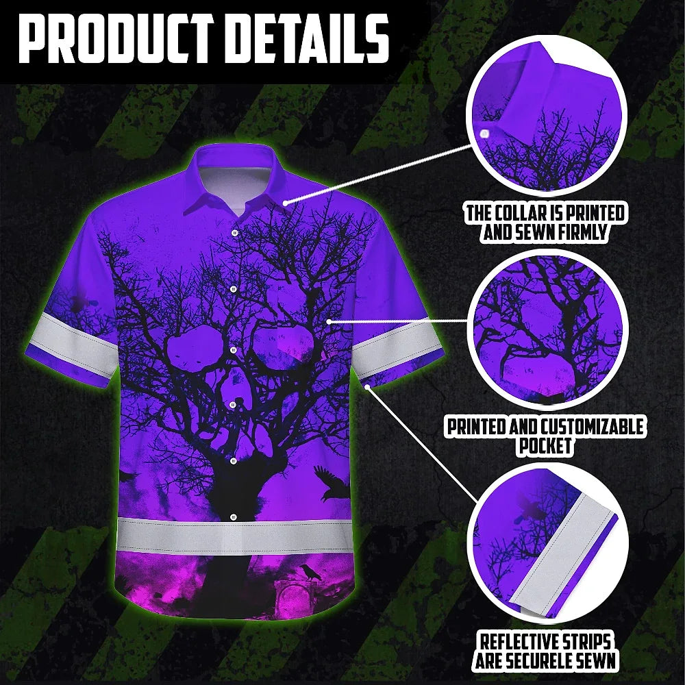 Hi Vis Hawaiian Shirt With Violet Neon Forest Skull And Custom Name For Safety Workwear