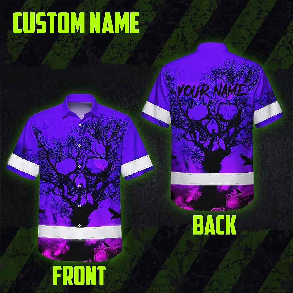Hi Vis Hawaiian Shirt With Violet Neon Forest Skull And Custom Name For Safety Workwear