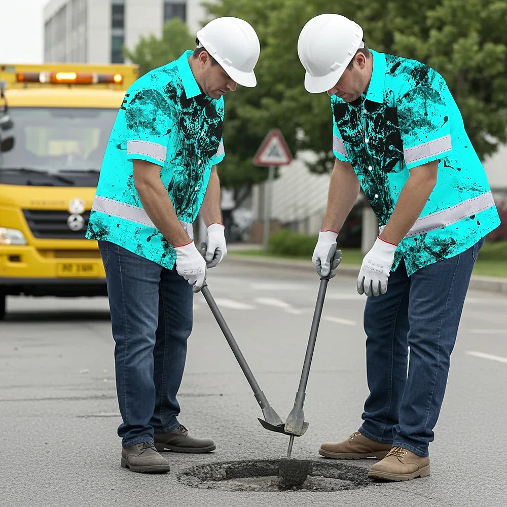 Hi Vis Hawaiian Skull Shirt, Blue Neon Custom Name High Visibility Short Sleeve Button Down Shirt for Workers, Truckers