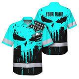 Hi Vis Hawaiian Skull Shirt, Blue Neon Custom Name High Visibility Short Sleeve Button Down Shirt for Workers, Truckers
