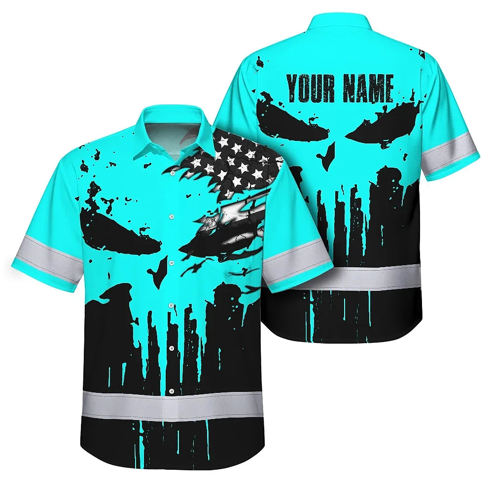 Hi Vis Hawaiian Skull Shirt, Blue Neon Custom Name High Visibility Short Sleeve Button Down Shirt for Workers, Truckers