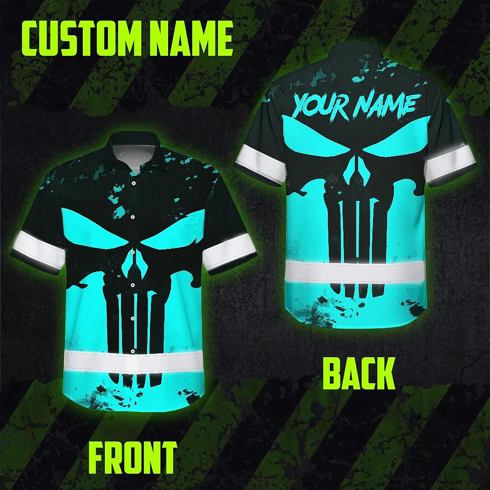 Hi Vis Hawaiian Skull Shirt, Blue Neon Custom Name High Visibility Short Sleeve Button Down Shirt for Workers, Truckers
