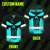 Hi Vis Hawaiian Skull Shirt, Blue Neon Custom Name High Visibility Short Sleeve Button Down Shirt for Workers, Truckers