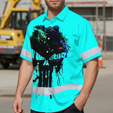 Hi Vis Hawaiian Skull Shirt, Blue Neon Custom Name High Visibility Short Sleeve Button Down Shirt for Workers, Truckers