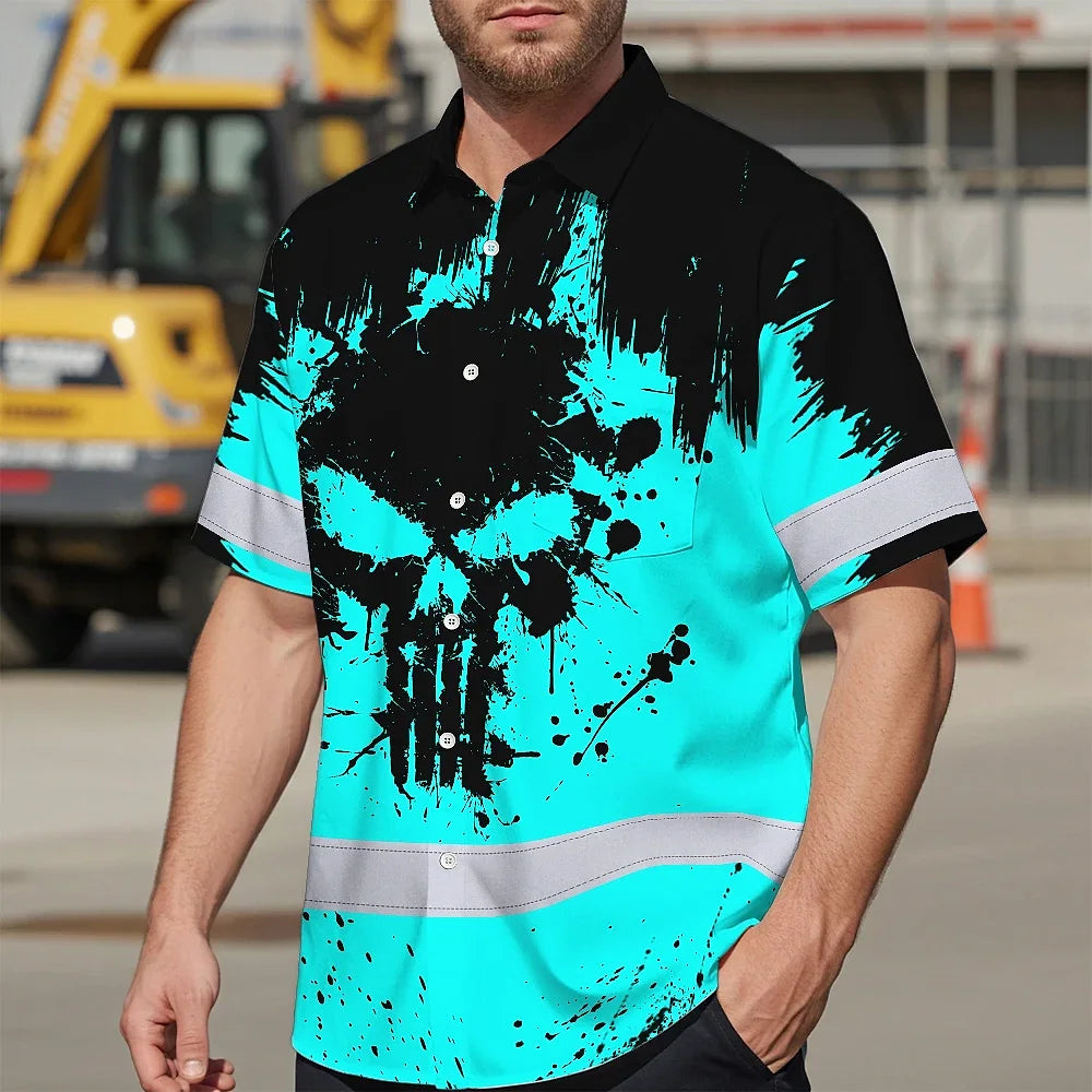 Hi Vis Hawaiian Skull Shirt, Blue Neon Custom Name High Visibility Short Sleeve Button Down Shirt for Workers, Truckers