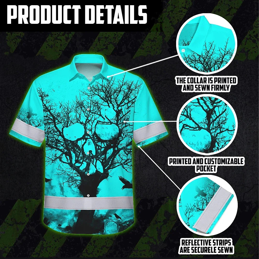 Hi Vis Hawaiian Skull Shirt, Blue Neon Custom Name High Visibility Short Sleeve Button Down Shirt for Workers, Truckers