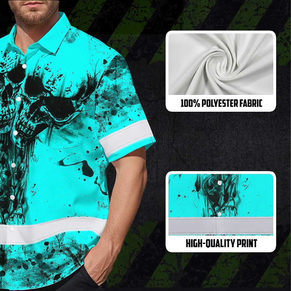 Hi Vis Hawaiian Skull Shirt, Blue Neon Custom Name High Visibility Short Sleeve Button Down Shirt for Workers, Truckers