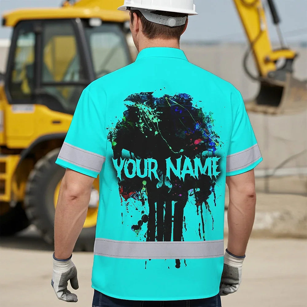 Hi Vis Hawaiian Skull Shirt, Blue Neon Custom Name High Visibility Short Sleeve Button Down Shirt for Workers, Truckers