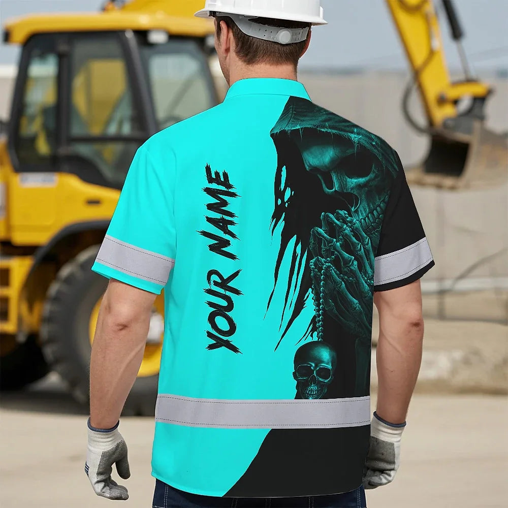 Hi Vis Hawaiian Skull Shirt, Blue Neon Custom Name High Visibility Short Sleeve Button Down Shirt for Workers, Truckers