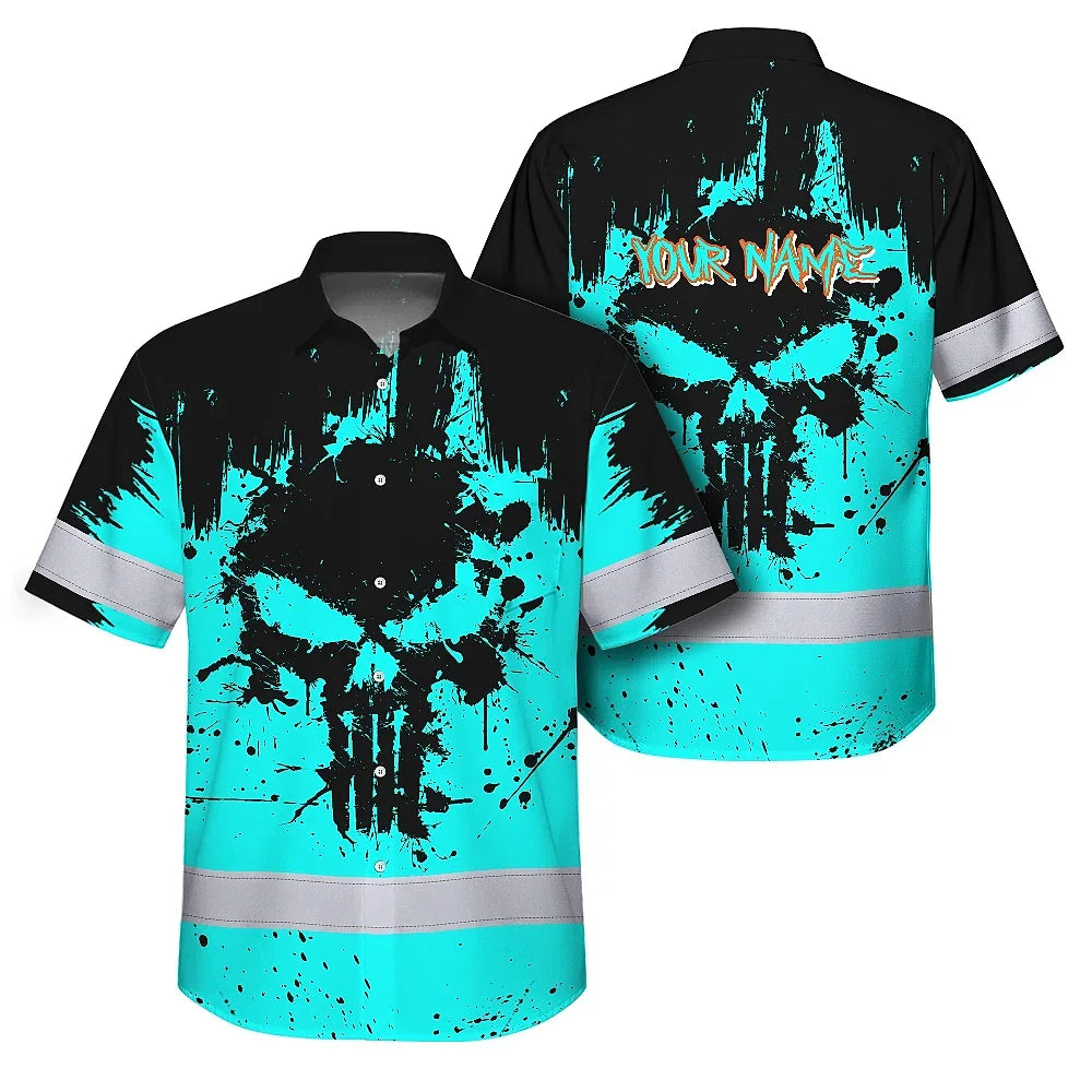 Hi Vis Hawaiian Skull Shirt, Blue Neon Custom Name High Visibility Short Sleeve Button Down Shirt for Workers, Truckers