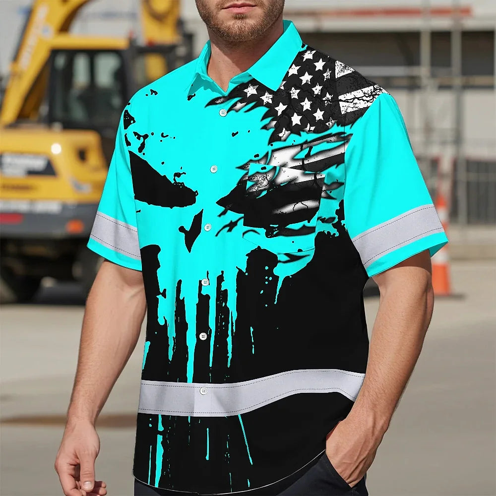 Hi Vis Hawaiian Skull Shirt, Blue Neon Custom Name High Visibility Short Sleeve Button Down Shirt for Workers, Truckers