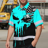 Hi Vis Hawaiian Skull Shirt, Blue Neon Custom Name High Visibility Short Sleeve Button Down Shirt for Workers, Truckers