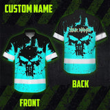 Hi Vis Hawaiian Skull Shirt, Blue Neon Custom Name High Visibility Short Sleeve Button Down Shirt for Workers, Truckers