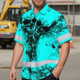 Hi Vis Hawaiian Skull Shirt, Blue Neon Custom Name High Visibility Short Sleeve Button Down Shirt for Workers, Truckers