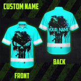 Hi Vis Hawaiian Skull Shirt, Blue Neon Custom Name High Visibility Short Sleeve Button Down Shirt for Workers, Truckers