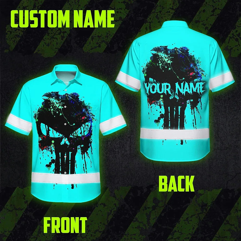Hi Vis Hawaiian Skull Shirt, Blue Neon Custom Name High Visibility Short Sleeve Button Down Shirt for Workers, Truckers