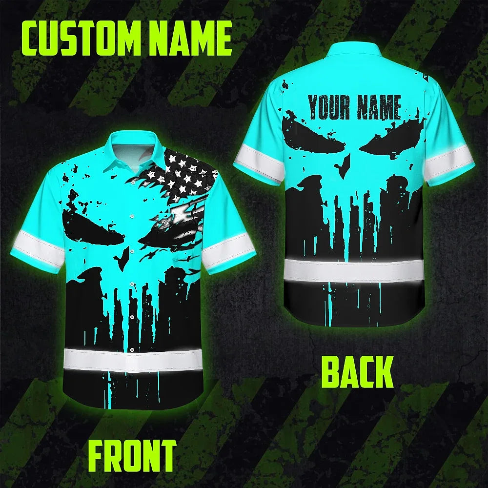 Hi Vis Hawaiian Skull Shirt, Blue Neon Custom Name High Visibility Short Sleeve Button Down Shirt for Workers, Truckers