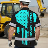 Hi Vis Hawaiian Skull Shirt, Blue Neon Custom Name High Visibility Short Sleeve Button Down Shirt for Workers, Truckers
