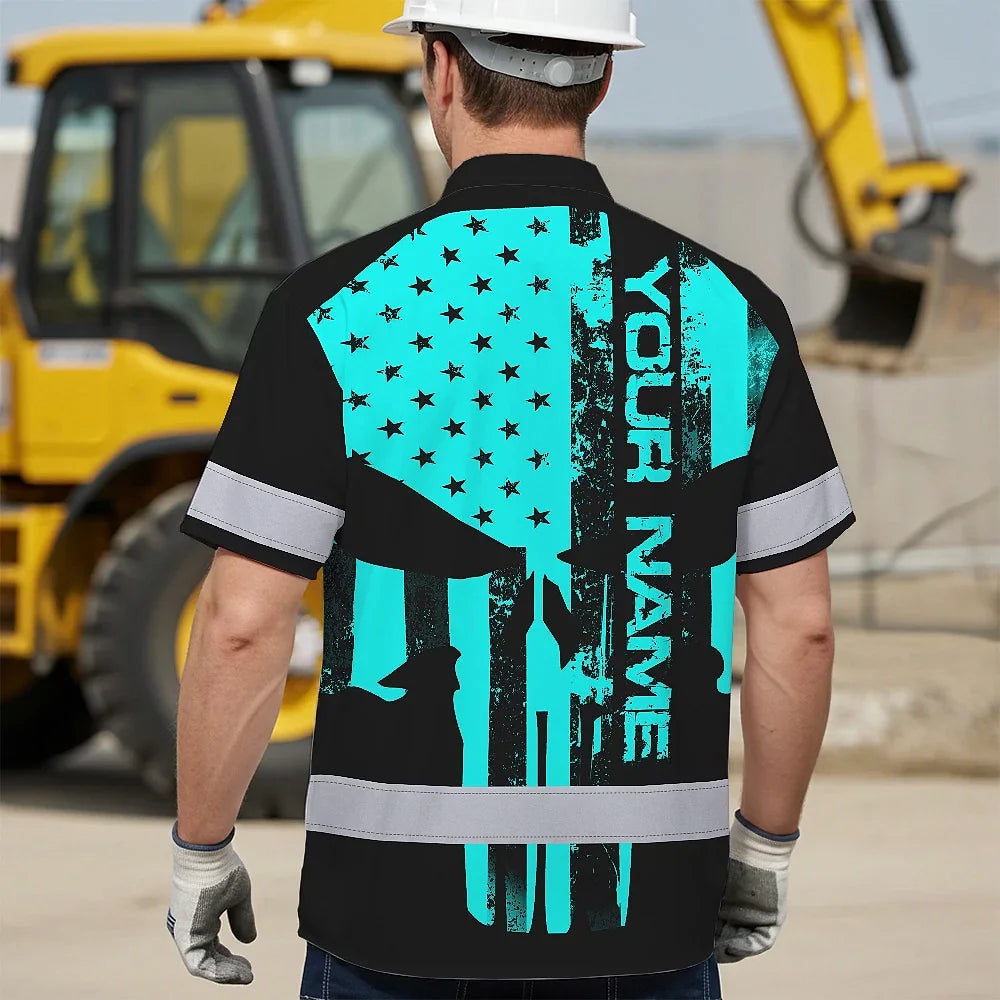 Hi Vis Hawaiian Skull Shirt, Blue Neon Custom Name High Visibility Short Sleeve Button Down Shirt for Workers, Truckers