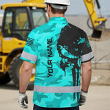 Hi Vis Hawaiian Skull Shirt, Blue Neon Custom Name High Visibility Short Sleeve Button Down Shirt for Workers, Truckers