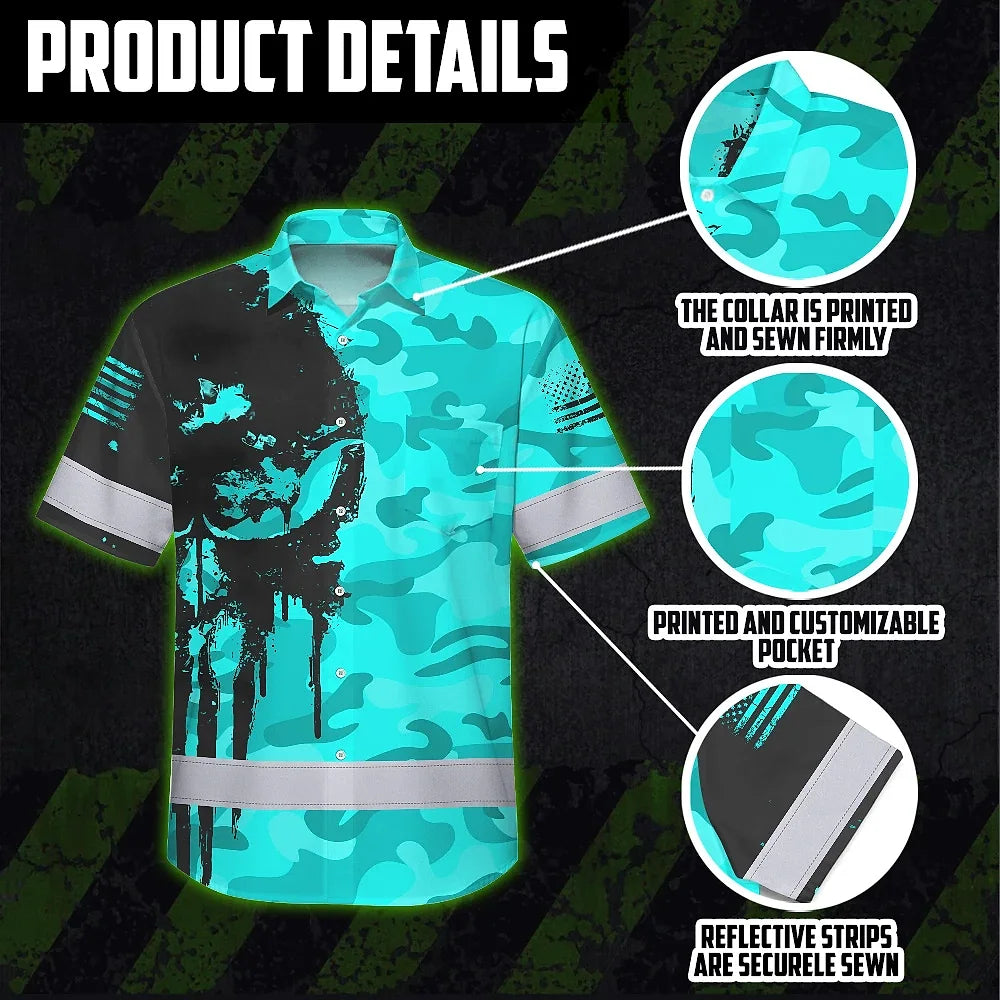 Hi Vis Hawaiian Skull Shirt, Blue Neon Custom Name High Visibility Short Sleeve Button Down Shirt for Workers, Truckers