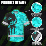 Hi Vis Hawaiian Skull Shirt, Blue Neon Custom Name High Visibility Short Sleeve Button Down Shirt for Workers, Truckers