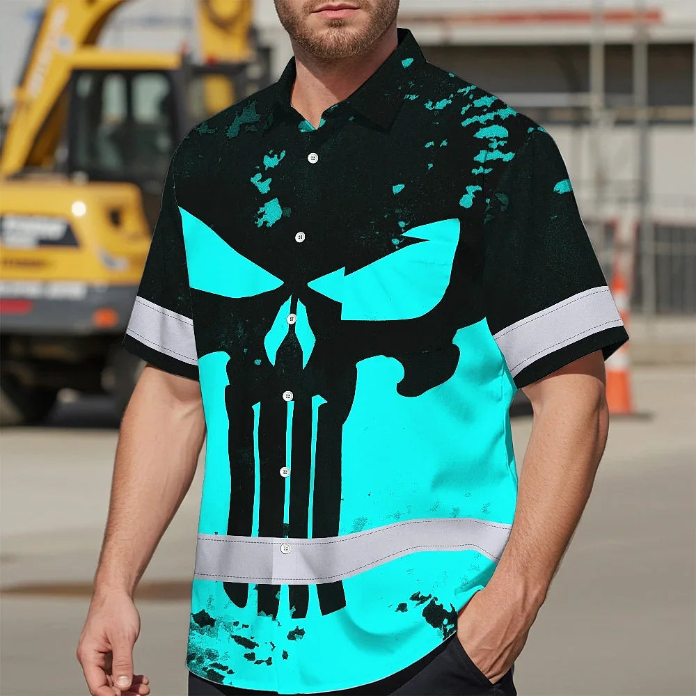 Hi Vis Hawaiian Skull Shirt, Blue Neon Custom Name High Visibility Short Sleeve Button Down Shirt for Workers, Truckers