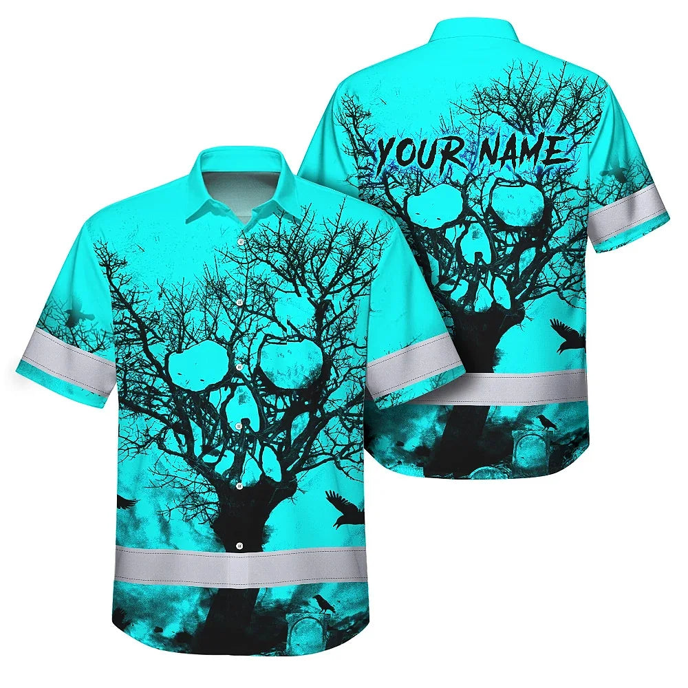 Hi Vis Hawaiian Skull Shirt, Blue Neon Custom Name High Visibility Short Sleeve Button Down Shirt for Workers, Truckers