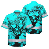 Hi Vis Hawaiian Skull Shirt, Blue Neon Custom Name High Visibility Short Sleeve Button Down Shirt for Workers, Truckers