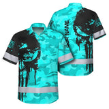 Hi Vis Hawaiian Skull Shirt, Blue Neon Custom Name High Visibility Short Sleeve Button Down Shirt for Workers, Truckers