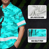 Hi Vis Hawaiian Skull Shirt, Blue Neon Custom Name High Visibility Short Sleeve Button Down Shirt for Workers, Truckers