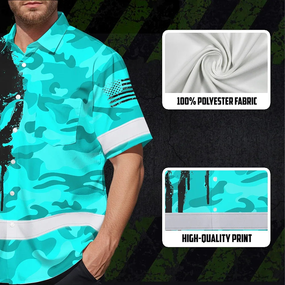 Hi Vis Hawaiian Skull Shirt, Blue Neon Custom Name High Visibility Short Sleeve Button Down Shirt for Workers, Truckers