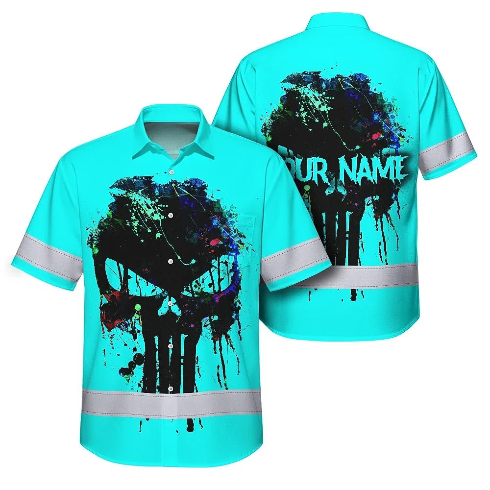 Hi Vis Hawaiian Skull Shirt, Blue Neon Custom Name High Visibility Short Sleeve Button Down Shirt for Workers, Truckers