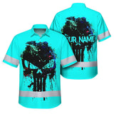 Hi Vis Hawaiian Skull Shirt, Blue Neon Custom Name High Visibility Short Sleeve Button Down Shirt for Workers, Truckers