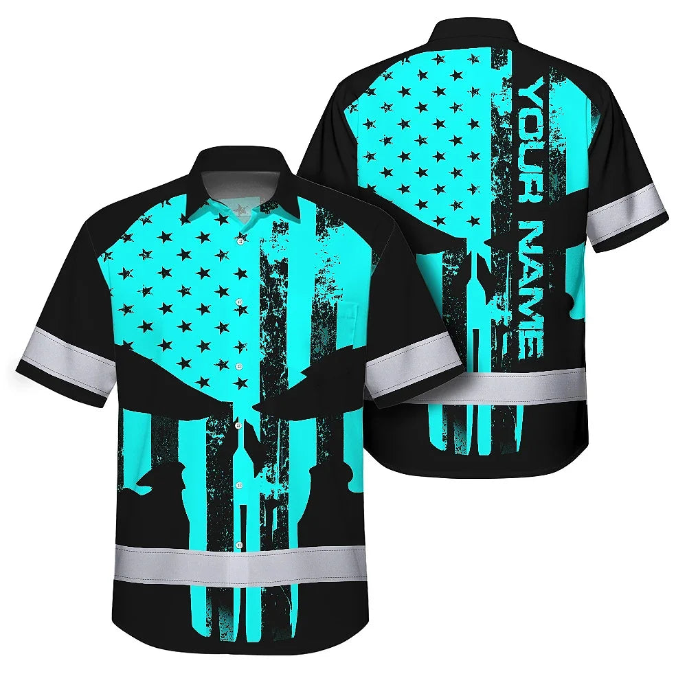 Hi Vis Hawaiian Skull Shirt, Blue Neon Custom Name High Visibility Short Sleeve Button Down Shirt for Workers, Truckers