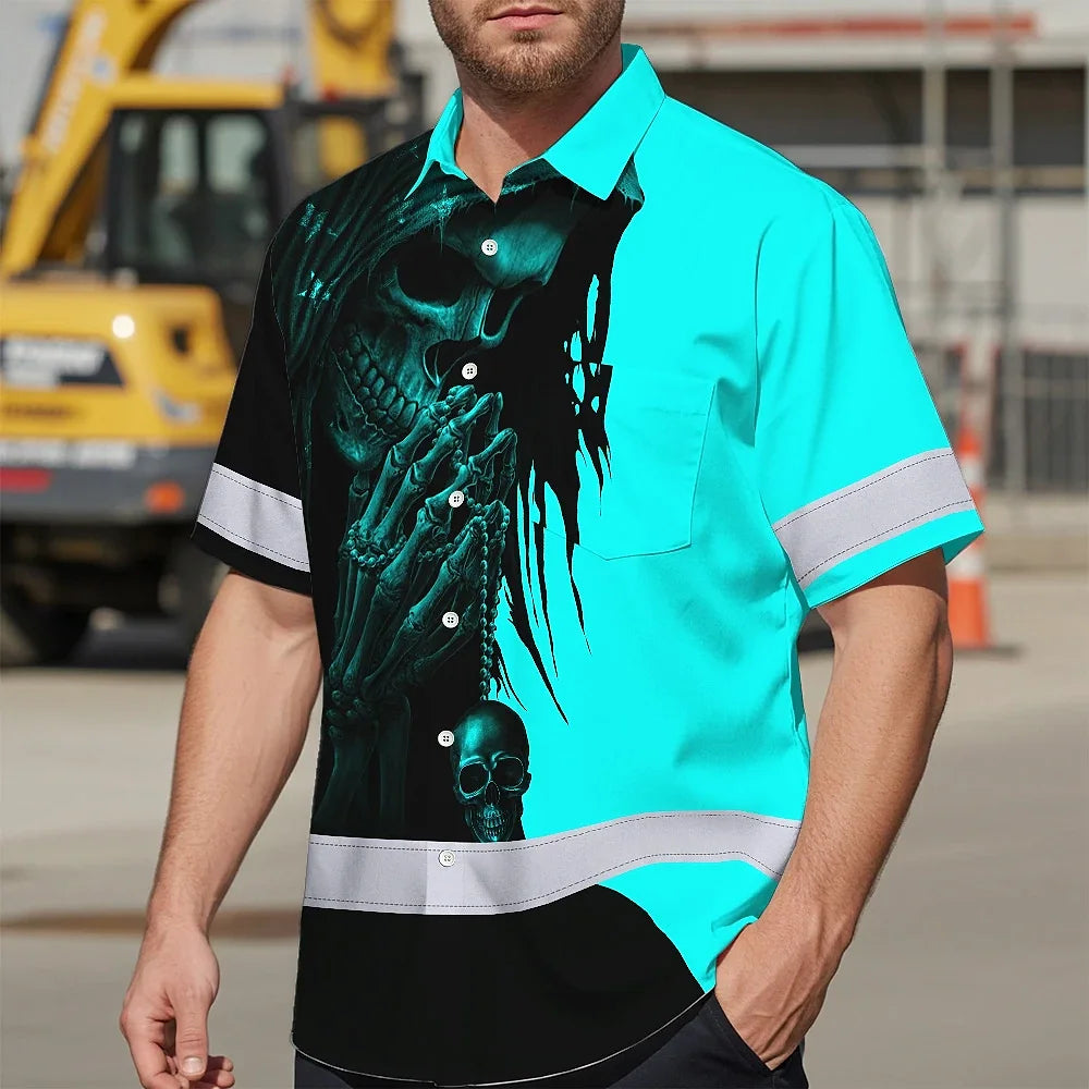 Hi Vis Hawaiian Skull Shirt, Blue Neon Custom Name High Visibility Short Sleeve Button Down Shirt for Workers, Truckers