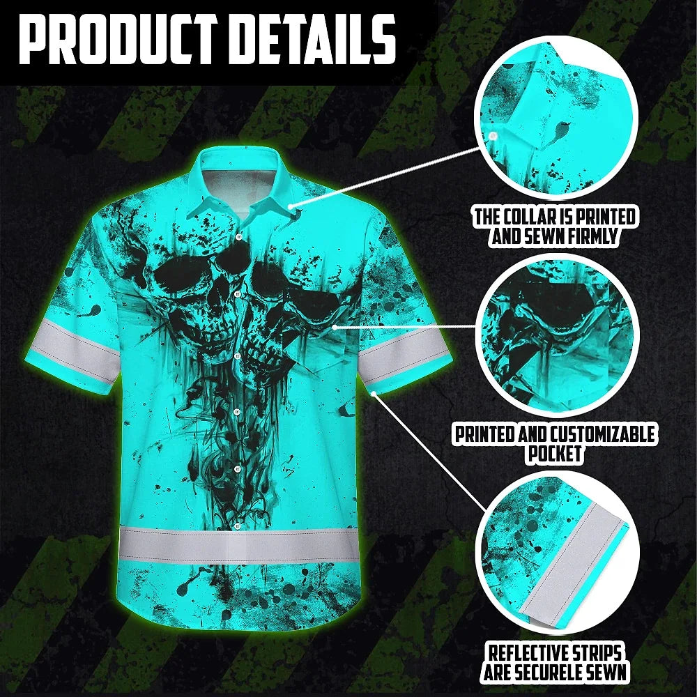 Hi Vis Hawaiian Skull Shirt, Blue Neon Custom Name High Visibility Short Sleeve Button Down Shirt for Workers, Truckers
