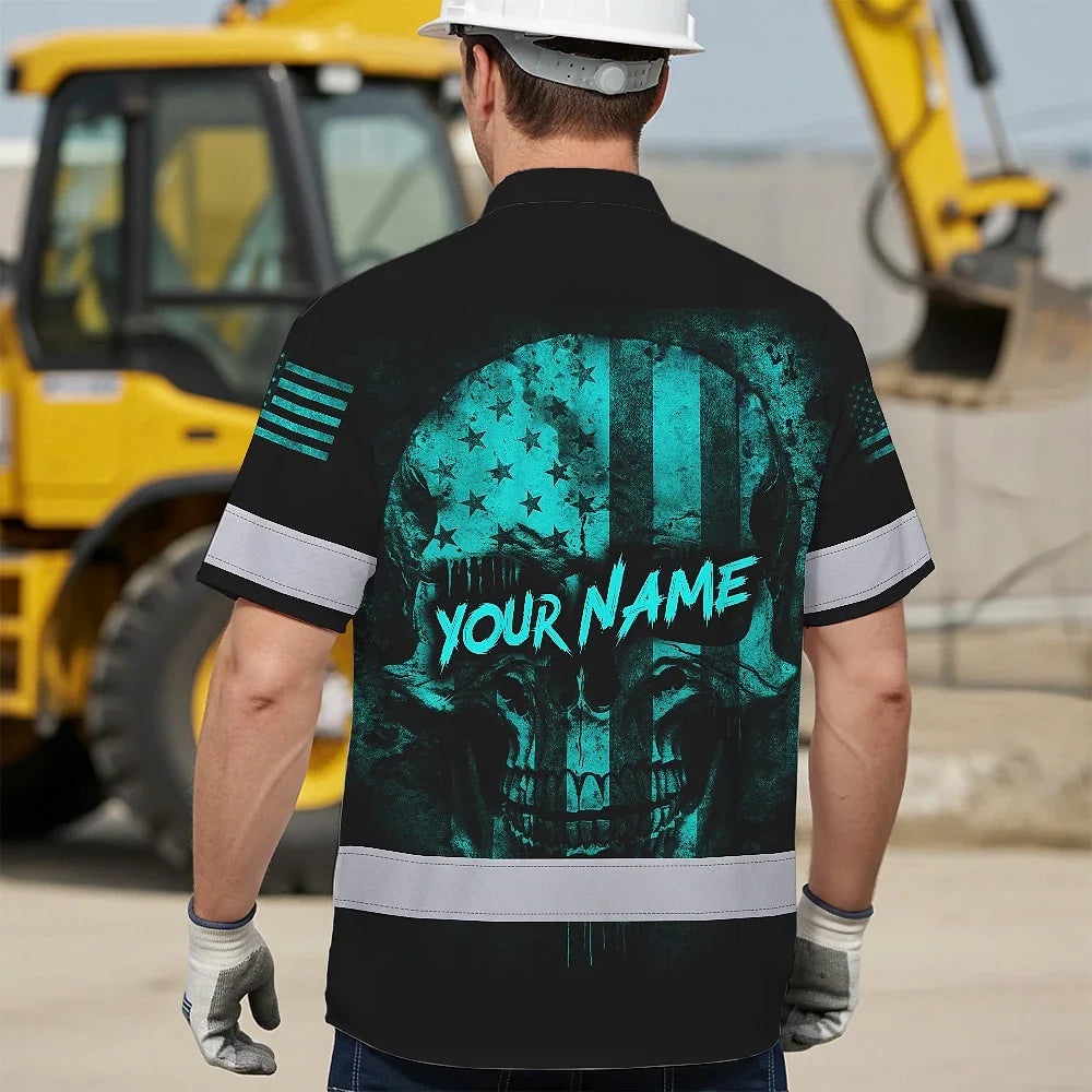 Hi Vis Hawaiian Skull Shirt, Blue Neon Custom Name High Visibility Short Sleeve Button Down Shirt for Workers, Truckers