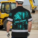 Hi Vis Hawaiian Skull Shirt, Blue Neon Custom Name High Visibility Short Sleeve Button Down Shirt for Workers, Truckers