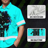Hi Vis Hawaiian Skull Shirt, Blue Neon Custom Name High Visibility Short Sleeve Button Down Shirt for Workers, Truckers