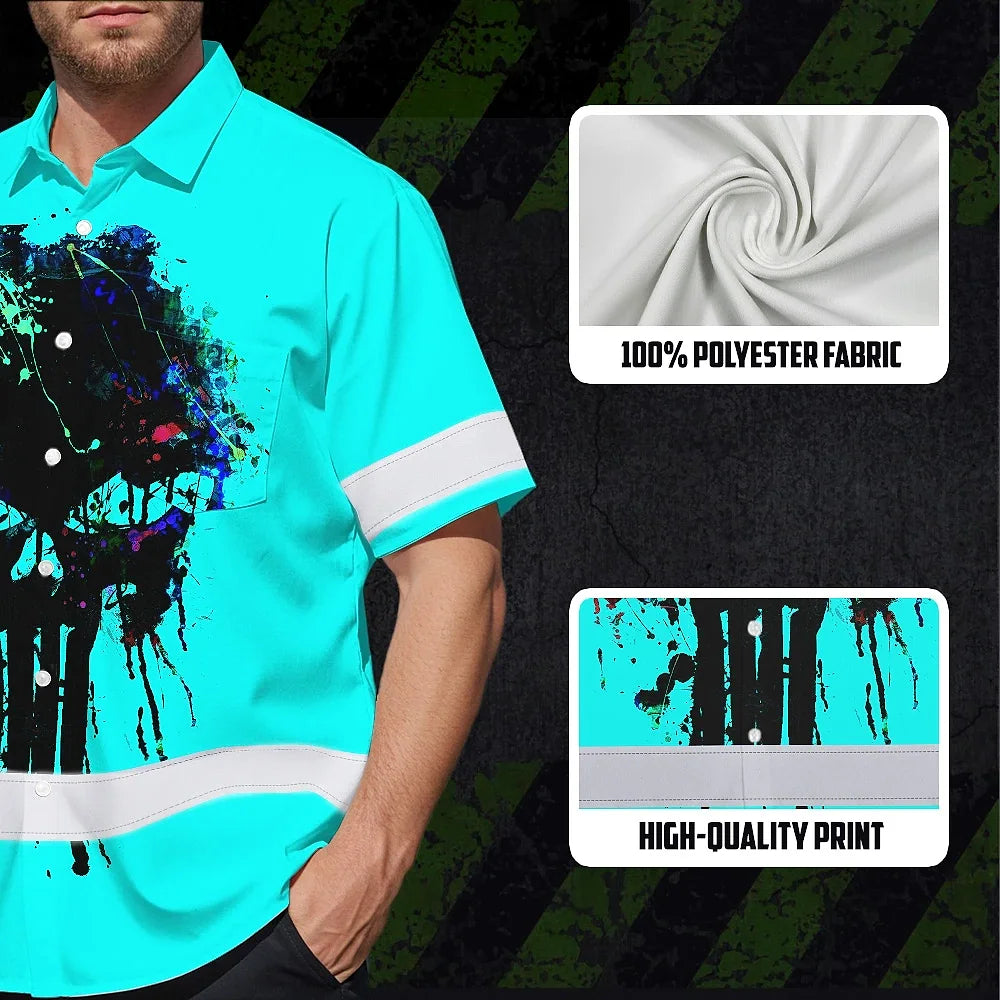 Hi Vis Hawaiian Skull Shirt, Blue Neon Custom Name High Visibility Short Sleeve Button Down Shirt for Workers, Truckers