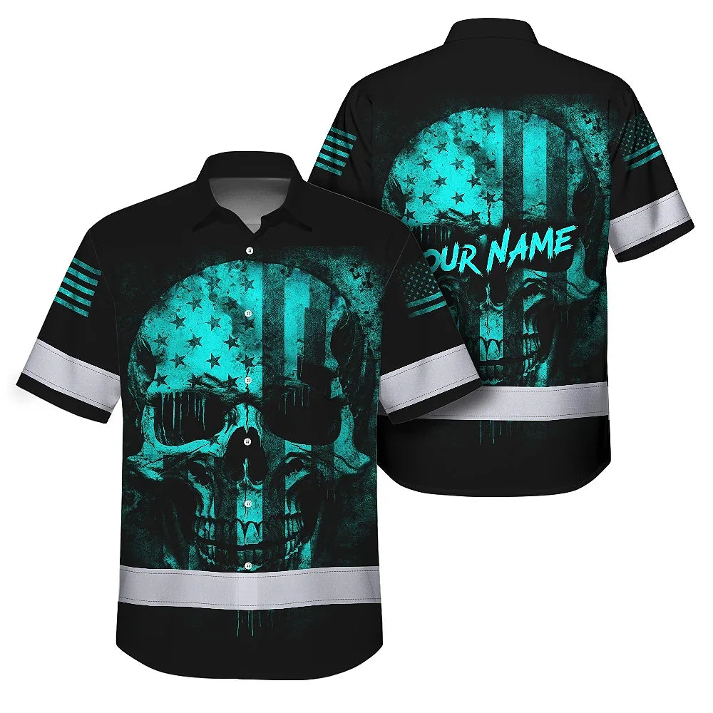 Hi Vis Hawaiian Skull Shirt, Blue Neon Custom Name High Visibility Short Sleeve Button Down Shirt for Workers, Truckers