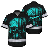 Hi Vis Hawaiian Skull Shirt, Blue Neon Custom Name High Visibility Short Sleeve Button Down Shirt for Workers, Truckers