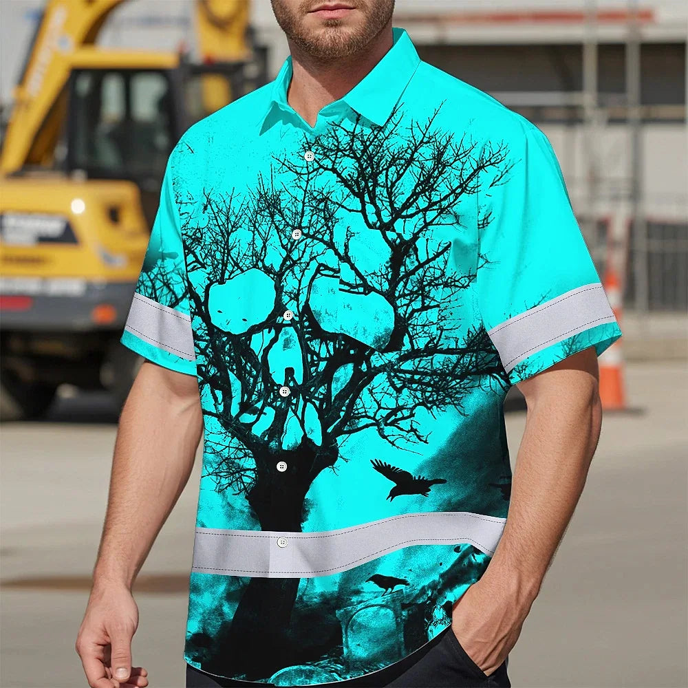 Hi Vis Hawaiian Skull Shirt, Blue Neon Custom Name High Visibility Short Sleeve Button Down Shirt for Workers, Truckers