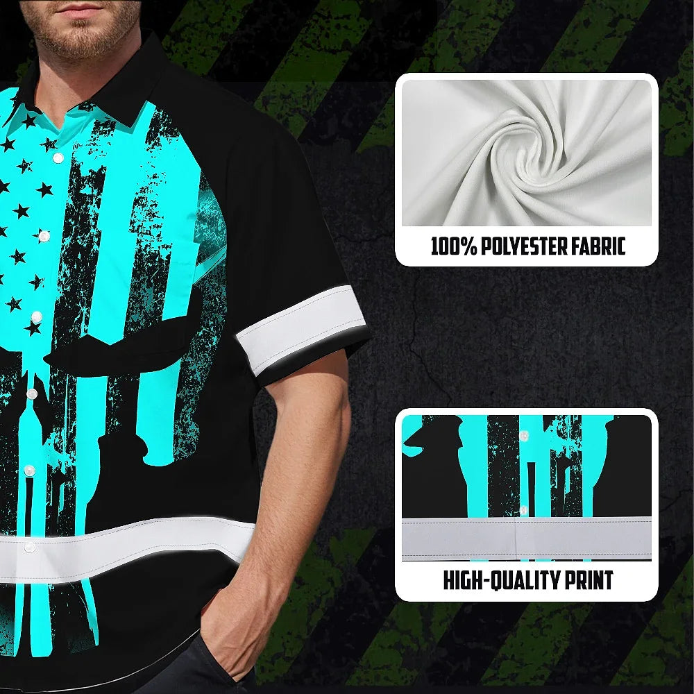 Hi Vis Hawaiian Skull Shirt, Blue Neon Custom Name High Visibility Short Sleeve Button Down Shirt for Workers, Truckers