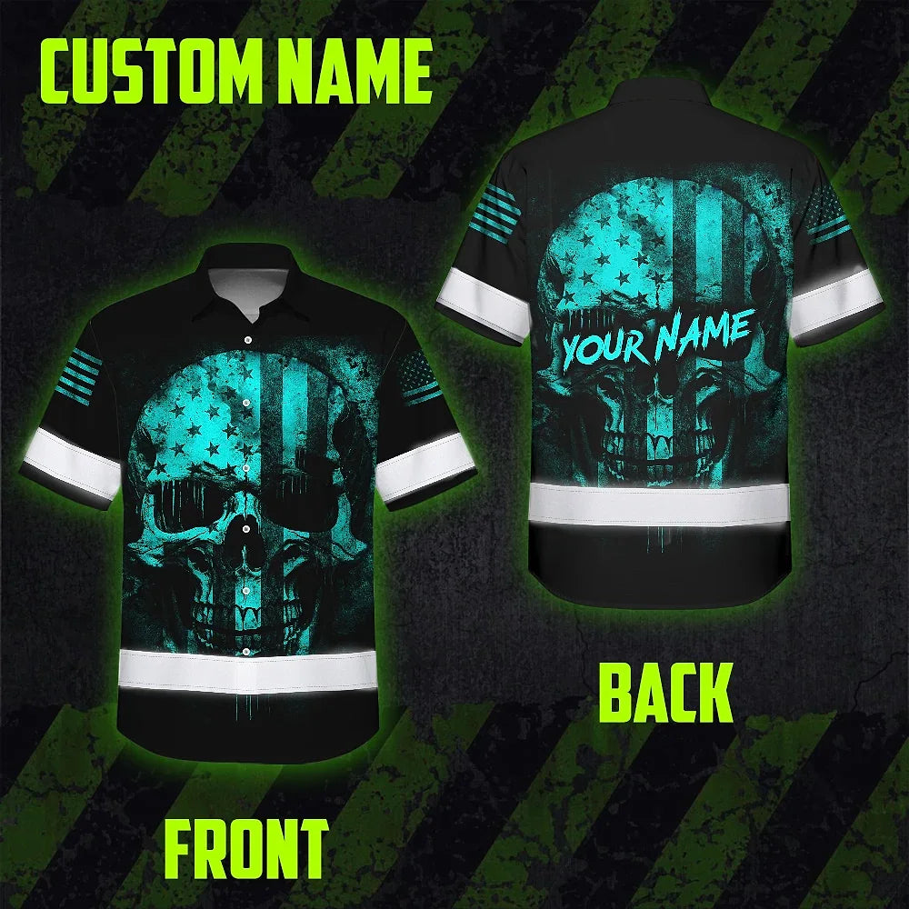 Hi Vis Hawaiian Skull Shirt, Blue Neon Custom Name High Visibility Short Sleeve Button Down Shirt for Workers, Truckers