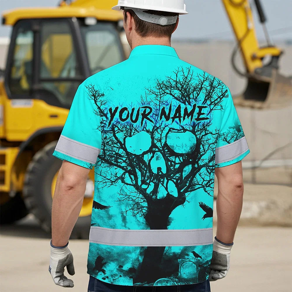 Hi Vis Hawaiian Skull Shirt, Blue Neon Custom Name High Visibility Short Sleeve Button Down Shirt for Workers, Truckers