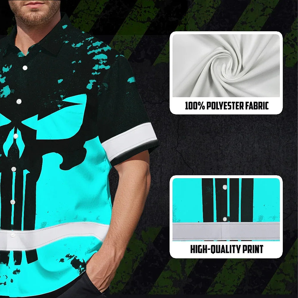Hi Vis Hawaiian Skull Shirt, Blue Neon Custom Name High Visibility Short Sleeve Button Down Shirt for Workers, Truckers
