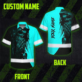 Hi Vis Hawaiian Skull Shirt, Blue Neon Custom Name High Visibility Short Sleeve Button Down Shirt for Workers, Truckers