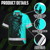 Hi Vis Hawaiian Skull Shirt, Blue Neon Custom Name High Visibility Short Sleeve Button Down Shirt for Workers, Truckers